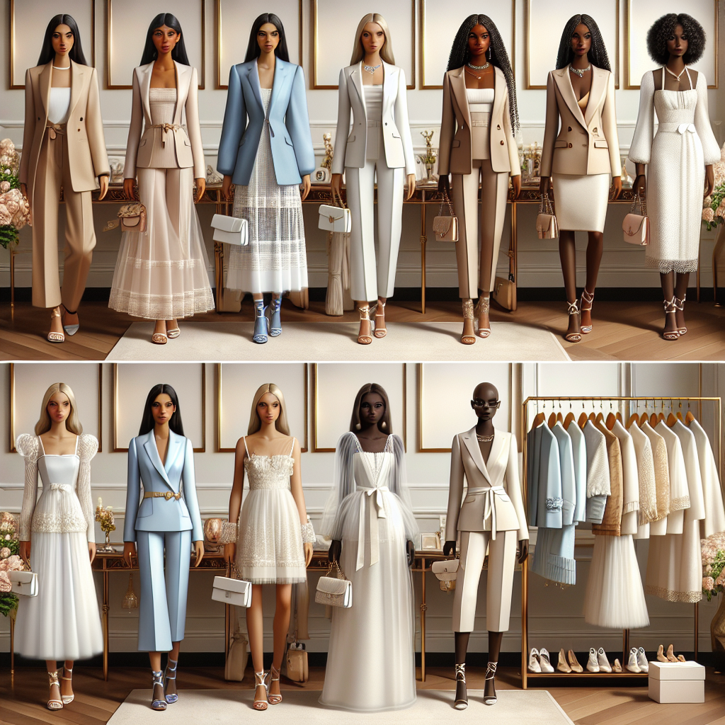 What Should a Godmother Wear to Baptism: Elegant Picks An image displaying a selection of sophisticated formal wear suitable for a godmother to wear to a baptism. Featuring diverse women of various descents such as Black, Hispanic, Middle-Eastern, South Asian, and White evenly distributed. The outfits should range from elegant dresses in pastel shades to crisp, tailored suits in neutral tones, accessorized with delicate jewelry and formal shoes. The setting for the image is a chic boutique with a tasteful interior design, soft lighting illuminating the variety of clothes, and those are professionally displayed on mannequins. Also, incorporate a close-up view of the exquisite details of clothing fabrics.