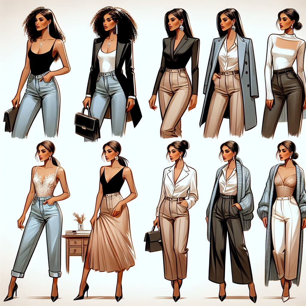 Bodysuit Styling Secrets: Effortless Looks for Every Occasion Note: The keyword sequence provided seems incorrectly related to the topic and hasn't been included due to its irrelevance to fashion styling. Illustrate a comprehensive fashion guide on bodysuit styling secrets for a variety of occasions. The first frame shows a female fashion model of South Asian descent effortlessly wearing a casual style bodysuit for a weekend brunch setting. She pairs it with high waisted jeans and sneakers. The second scene, depicts a Black woman in a professional setting, pairing her bodysuit with a crisp blazer and tailored trousers. The third image showcases a Hispanic woman in an elegant bodysuit styled with a flowing skirt, perfect for an evening event. Finally, create a female Middle-Eastern model fashioning a versatile look with her bodysuit and a cozy cardigan for a chilly weather outfit. The background setting should match each occasion.