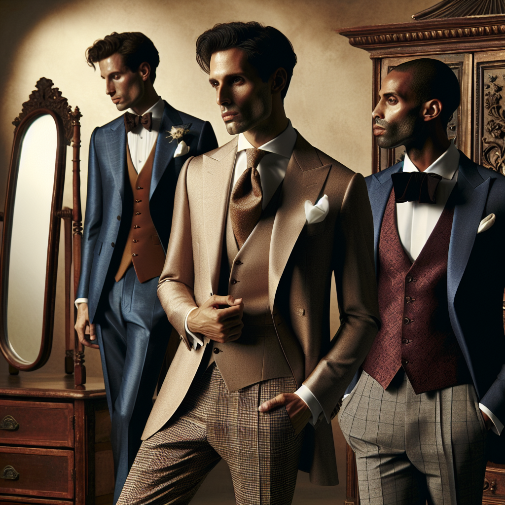 Visualize a dynamic scene of men's wedding attire showcasing effortless style. Include a male figure of Middle-Eastern descent dressed in a well-tailored indigo suit with a white pocket square complementing the modern aesthetic. Add a second man, leaning against a vintage wooden armoire, who is of Caucasian descent wearing a champagne-colored waistcoat with an earth-toned tie and fitted, checkered trousers. Lastly, include a black male figure standing by an antique full-length mirror dressed in a sophisticated burgundy blazer paired with a solid black, silk bow tie, and charcoal grey pants. The backdrop of this scene is a warm, rustic space featuring soft, ambient light.