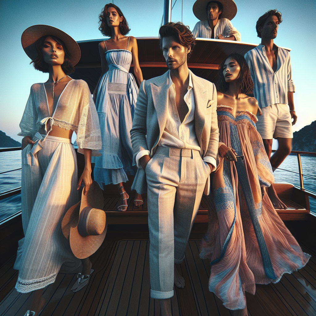 What to Wear on a Boat Cruise: Effortless Elegance Visualize an image of a boat cruise setting. The sky is a profound blue and the sun is just beginning to set, casting a golden glow on the water. In the forefront, there's a group of individuals showcasing effortless elegance. A Caucasian man is dressed in a classic light-colored linen suit, looking relaxed with a straw hat in his hand. Next to him, a Middle-Eastern woman is draped in a breezy pastel sundress with a wide-brimmed hat. A Hispanic man is wearing stylish nautical-themed attire, completed with a captain's hat. Lastly, a South Asian woman stands out wearing a flowing, vibrant kaftan, holding a pair of oversized sunglasses. Everyone engaged in light-hearted chatter as they gravitate towards the boat's railing, attracted by the stunning view. The image captures the perfect blend of elegance and comfort that is essential for a boat cruise.