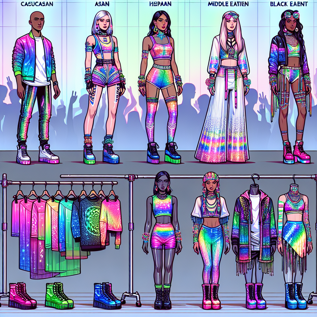 Create an image showcasing aesthetic clothing choices popular at rave events. One scene should include a group of six people of different descents, such as Caucasian, Asian, Hispanic, Middle Eastern, Black, and South Asian. They should each be dressed in vibrant, avant-garde outfits reflecting rave culture. Feature neon hues, holographic fabrics, and eclectic accessories. Include details such as led gloves, platform shoes, and futuristic sunglasses. A second scene could depict a rack of clothing in the same style on the sideline for variety. Ensure the background suggests a vibrant festive atmosphere.