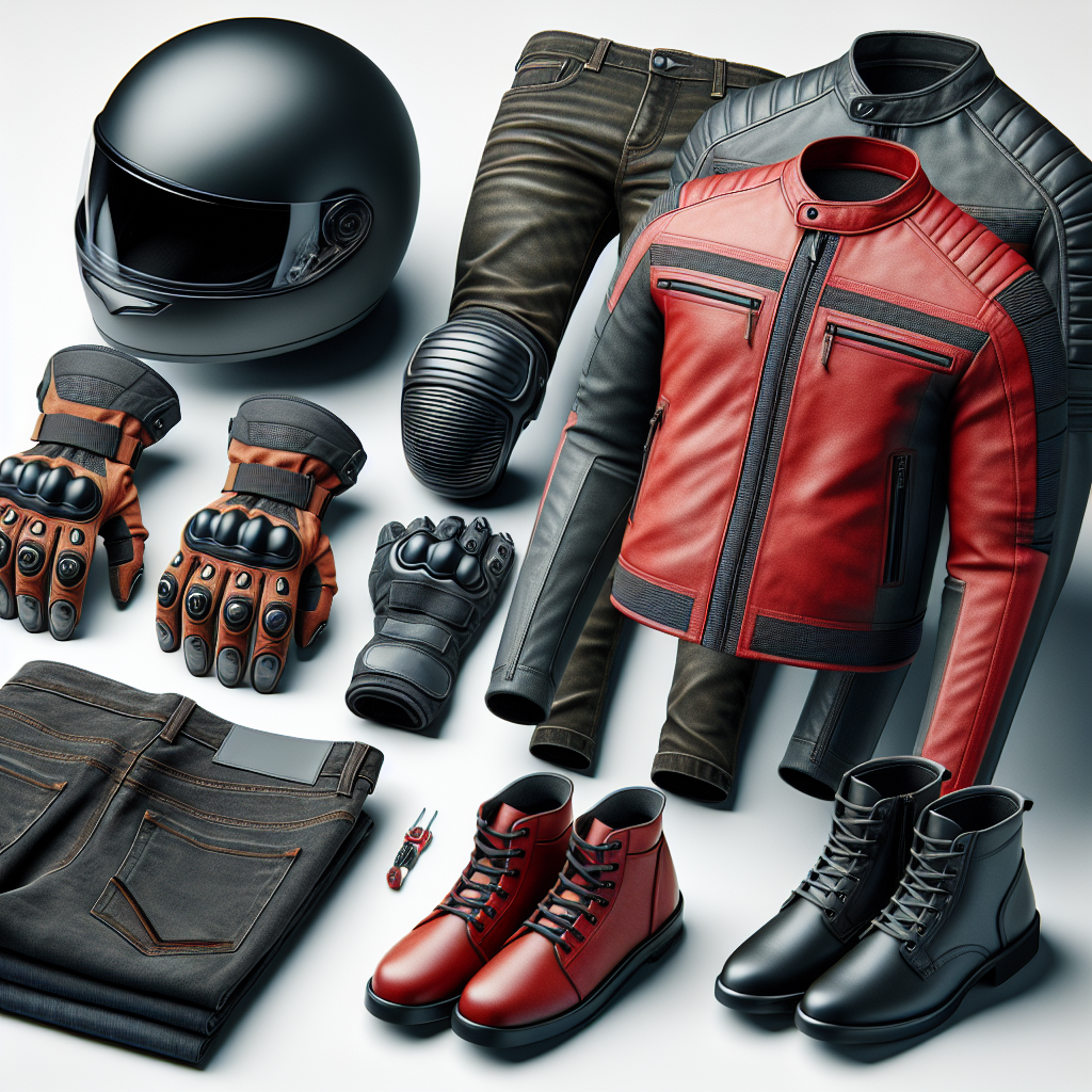 Must-Have Motorcycle Gear: Stylish & Safe Choices Create an image depicting a display of various essential motorcycle gear. The items should include a matte black helmet with reflective strips for safety, a pair of sturdy brown leather gloves with reinforced padding, a bright red motorcycle jacket with significant padding for protection, and a pair of durable denim riding jeans with Kevlar lining for extra safety. Additionally, imagine a pair of black motorcycle boots with reinforced toe and ankle areas. All items should look modern, stylish, and imply a strong sense of safety. The background can be a minimalist white to highlight the products.
