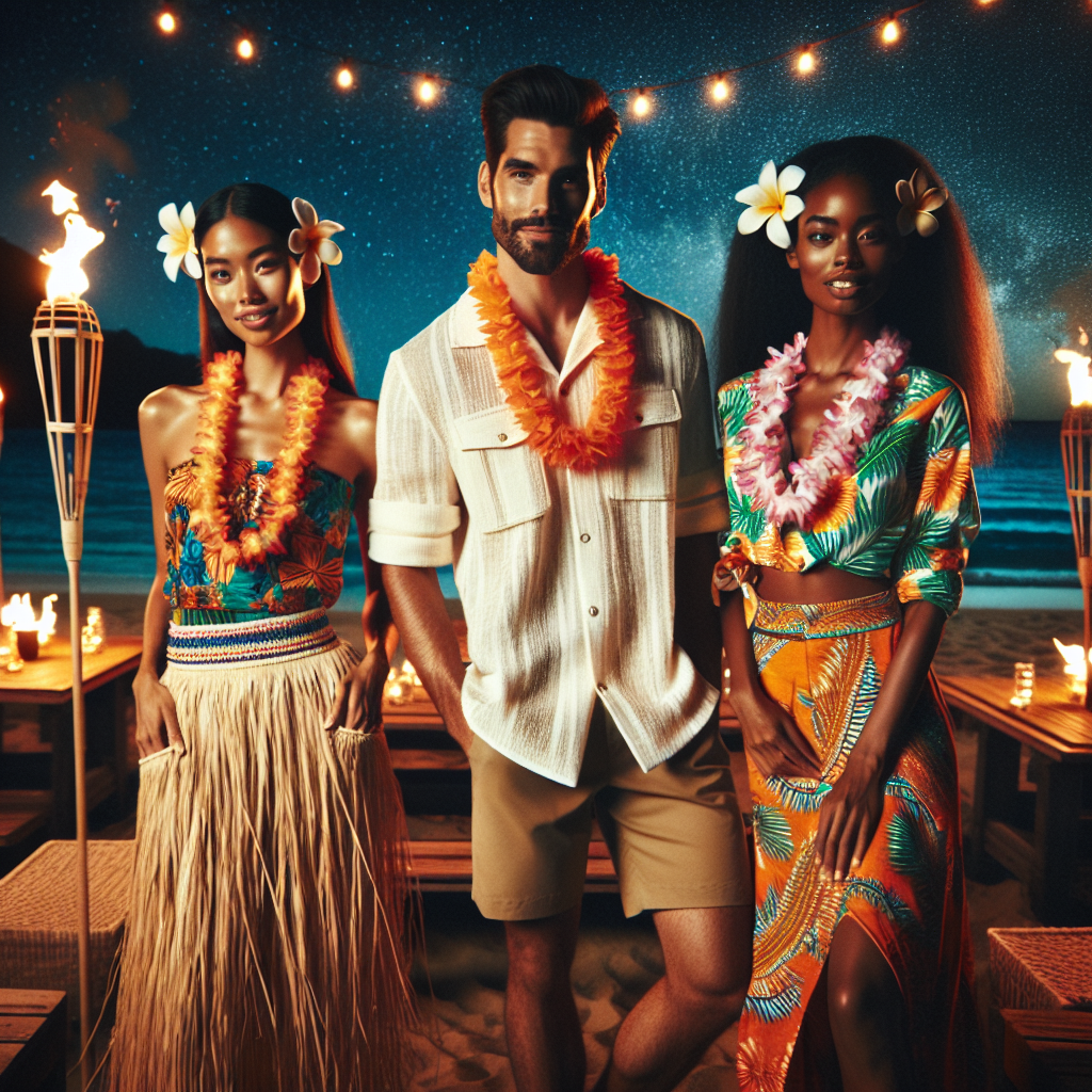 Stunning Luau Outfits: Find Your Perfect Look Imagine a warm tropical night under the starlit sky. Visualize a beachside party, vibrantly lit by tiki torches, and the sound of the waves crashing against the shore in the background. Foreground showcases three individuals showcasing their unique luau outfits. The outfit on a Middle-Eastern woman consists of a colorful Hawaiian shirt and grass skirt. A South Asian man dons a white linen shirt paired with khaki shorts. A Black woman is seen in a brightly patterned maxi dress. Each one is adorned with a classic lei around their neck. Their joyful expressions tell a story of celebration and appreciation for Hawaiian culture.