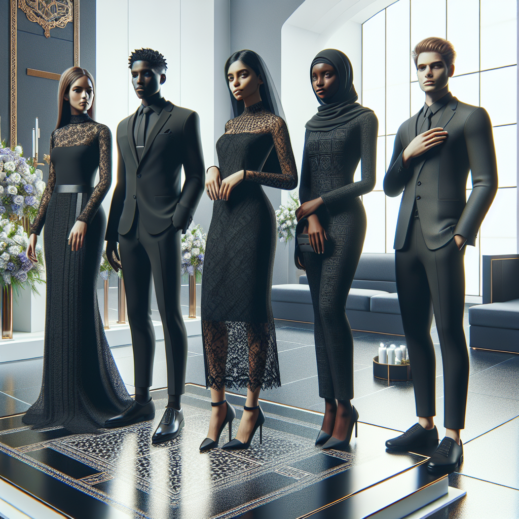Visualize a conceptual fashion guide for a funeral in the year 2025, keeping in mind the theme of timeless elegance. The scene includes a diverse group of people standing in a tastefully decorated modern memorial space. There are four main characters to focus on: a Middle-Eastern woman wearing a tastefully fashionable black dress, a South Asian man in a sleek black suit, a Black woman in a black lace dress and a White man in a charcoal-grey mourning suit, all exuding a sense of understated elegance and respect. Include elements of future fashion trends, while maintaining the solemn and respectful atmosphere of the occasion.