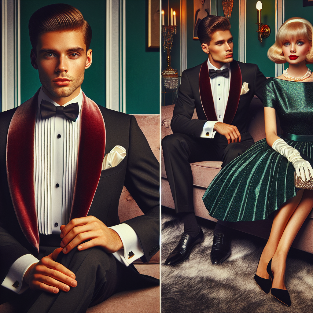 Must-Have Outfits for a Playboy-Themed Date Retro-styled lounge scenario showcasing fashionable date-night attire for men and women. For the man: A classic black tuxedo with a deep red velvet shawl lapel, white pleated shirt, black bow tie, leather shoes, and golden cufflinks. The woman is wearing a glitzy, vintage cocktail dress in luxurious emerald green, paired with matching stilettos, a pearl clutch, and diamond earrings. Both, the Caucasian man and the Hispanic woman are confidently radiating the chic and swank ambience of 60s glamour.