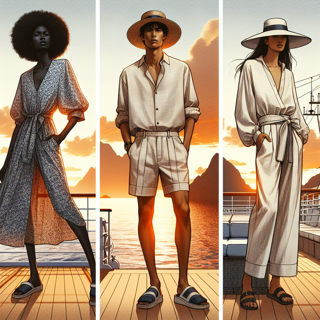 Imagine a warm, tranquil evening out on the open sea. The silhouette of a large cruise ship can be seen against the backdrop of a picturesque sunset. On the deck, three people show off their must-have casual, yet sophisticated sunset cruise outfits. The first person, a Black woman, is wearing an effortless flowy print dress with a wide-brimmed sun hat. The second person, a Middle-Eastern man, dons a lightweight linen shirt and tailored shorts, complemented by a Panama hat. The final person, a White woman, is styled in an airy, white jumpsuit cinched at the waist with a stylish belt. They all wear comfortable sandals, essential for a sunset cruise. These styles encapsulate the easy-going, yet chic vibe of a sunset cruise.