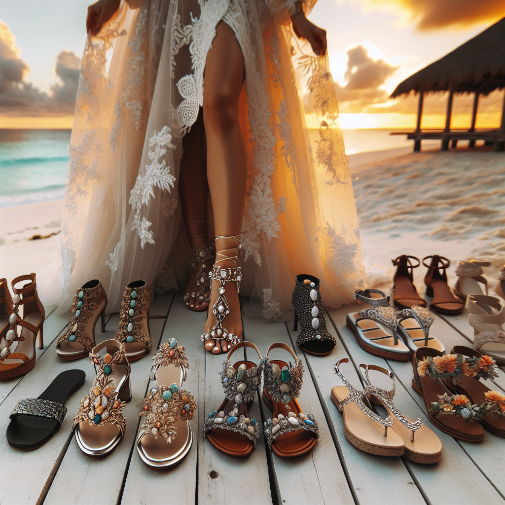 Must-Have Shoes for Beach Weddings: Effortless Style Feast your eyes on an array of must-have shoes perfect for a beach wedding. Pictorial on a variety of footwear exuding effortless style. Forefront is a pair of semi-precious stone embellished sandals worn by a Middle-Eastern bride with a flowing lace wedding dress, signifying elegance. Lined in the backdrop are more footwear options ranging from Bohemian-inspired sandals decorated with seashells worn by a Hispanic woman in a cocktail attire to cute flip-flops for the casual black groom. The setting is a serene beach at sunset under a dreamy, golden sky.