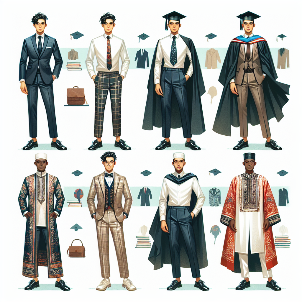 A style guide illustration presenting different stunning attire suitable for men to wear on their college graduation day. It showcases a range of outfits from formal to semi-formal. The first outfit showcases an Asian man wearing a well-tailored suit and tie, the second shows a Black man in a festive traditional ethnic outfit, and the last presents a Middle-Eastern man in a stylish wardrobe that combines contemporary fashion with cultural elements. Their graduation caps and ceremonial robes are casually draped over their arms or shoulders, embodying the spirit of triumph and celebration.