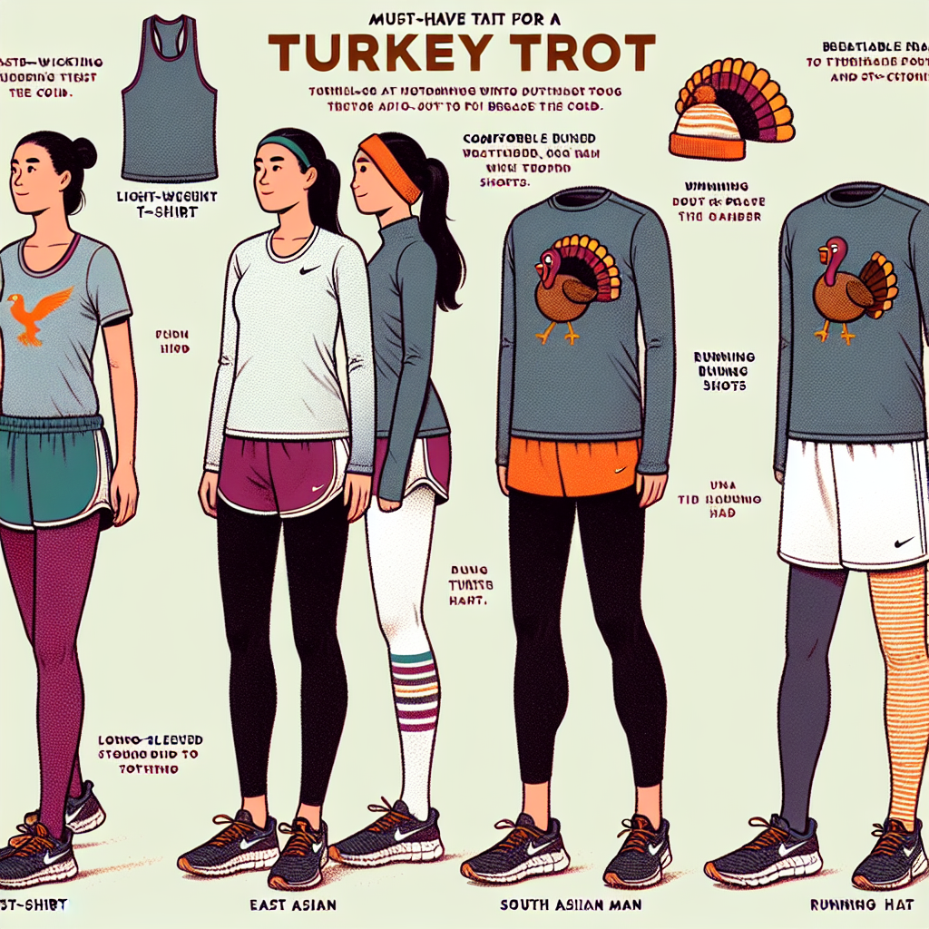 An illustrated guide showcasing a variety of must-have attire for a Turkey Trot event. The first outfit should feature a runner, an East Asian woman, in a light-weight, moisture-wicking t-shirt, breathable running shorts, and comfortable athletic shoes, topped off with a whimsical turkey-themed headband. The second outfit should be worn by a South Asian man, donning a long-sleeved athletic shirt to brace the cold, running tights, running shoes, and a festive turkey hat. The outfits should embody a balance between utilitarian sportswear and fun, festive themes to encapsulate the spirit of a Turkey Trot. Place each outfit against a neutral backdrop for emphasis.