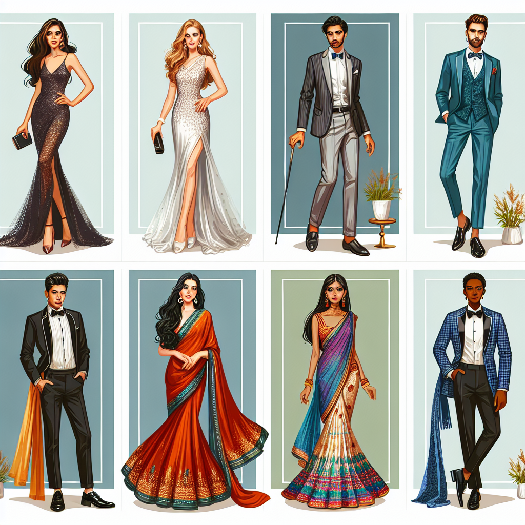 Stunning Outfits for Life Celebrations: Effortless Style Create an illustration showcasing a variety of stunning outfits for different life celebrations. These outfits should represent effortless style. The image might include a caucasian woman in an elegant cocktail dress for a birthday party, a middle-eastern man in a stylish suit for a corporate success party, a south Asian woman in a vibrant traditional saree for a cultural festival, and a black man in a chic tuxedo for a gala event. Each character should be distinctly styled and radiate confidence and elegance.