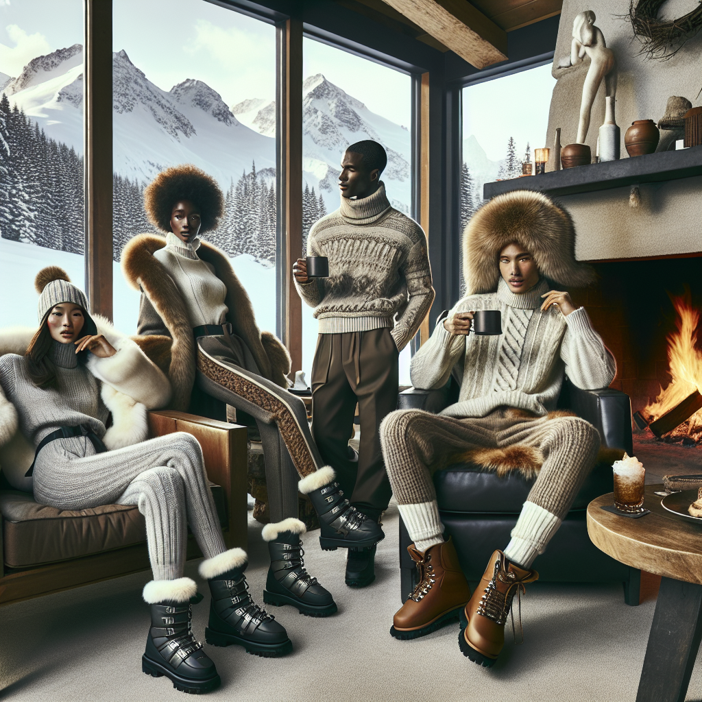 Visualize an apres-ski scene where an array of individuals are displaying chic relaxation style. Picture a woman of African descent wrapped up in a fashionable faux-fur parka matched with thermal leggings, a man of Hispanic descent donning a designer wool-blend sweater paired with high-quality ski trousers, and a South-Asian woman casually lounging by a fire in a cashmere turtleneck and luxurious knit joggers. All of them sport stylish snow boots and beanie hats, sipping hot drinks by the warmth of a log fire, enveloped in the cosy atmosphere of a ski lodge, with snow-covered mountain peaks seen through a large panoramic window.