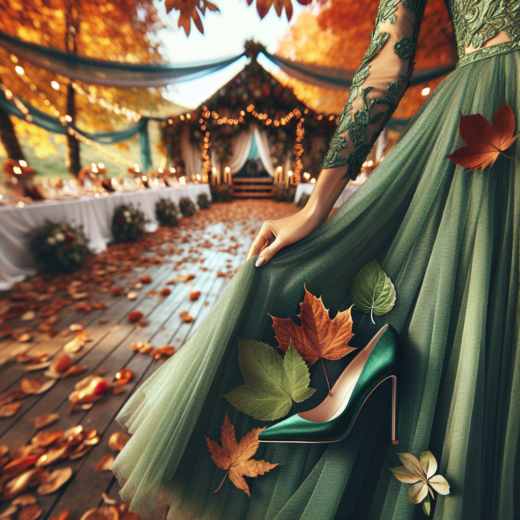Envision an inviting autumn wedding scene, the falling leaves&rsquo; vibrant hues perfectly highlighting the atmosphere. Focus on the fashion element, particularly a woman's green dress, elegant and regal, reflecting the richness of the season. At the bottom of the dress, reveal a pair of sleek, stylish, must-have shoes that complement the dress and the entire look fabulously. Imagine the model of the shoes as South Asian descent, casting a refreshing and stylish tone amidst the colorful fall backdrop. Balance the fashion-forward aesthetic with the cozy ambiance of a well-decorated wedding venue in the background.