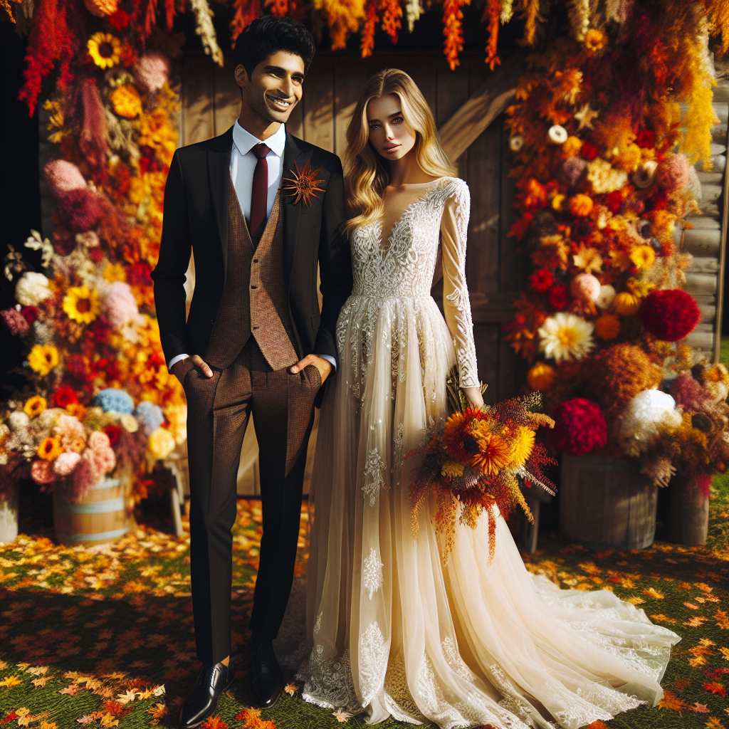 Vibrant autumn colors set the scene for this image. Imagine crystal clear October weather with leaves in shades of gold, orange, and red. In the center, there are two individuals dressed in elegant wedding outfits. A South Asian man is wearing a tailored, dark-colored suit with a maroon tie. A Caucasian woman is clad in a long, flowing ivory wedding gown with delicate lace detailing. Accentuating their look is a touch of vintage charm and modern sensibilities, providing an effortless elegance. They are smiling at each other against the backdrop of a rustic barn draped with an array of colorful fall flowers.