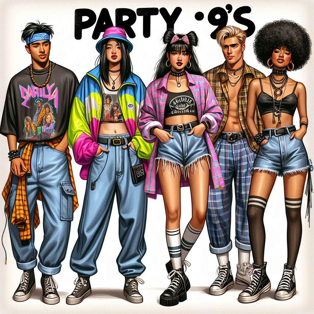 Show an array of fashionable must-have party outfits from the 90's. Include a variety of styles that encapsulate the carefree and vibrant spirit of the era, such as baggy jeans, band t-shirts, bright neon windbreakers, flannel shirts tied at the waist, and high-waisted denim shorts. Incorporate accessories like chunky sneakers, choker necklaces, and scrunchies. The image should display a South Asian man in an oversized band t-shirt and baggy jeans, a Black woman rocking high-waisted denim shorts with a neon windbreaker,  and a Middle Eastern woman sporting a grunge-inspired flannel shirt and black choker. The entire scene should convey a sense of effortless style and nostalgia.