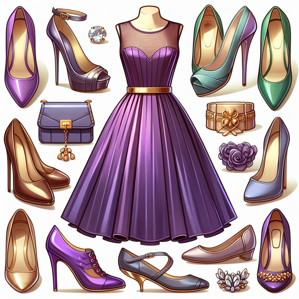 Stunning Shoe Choices for Purple Dresses: Find Yours! Create an image representing a variety of stylish shoe choices for a purple dress. Picture a range of beautiful shoes, from high-heeled stilettos to flat ballet pumps, in complementary colors such as gold, silver or contrasting shades like green or blue. Have the purple dress in the background with the shoes displayed in the front, showing off their unique designs and shapes. Add an emphasis on the matching and contrasting colors between the dress and shoes to perfectly demonstrate the art of pairing shoes with a purple dress.
