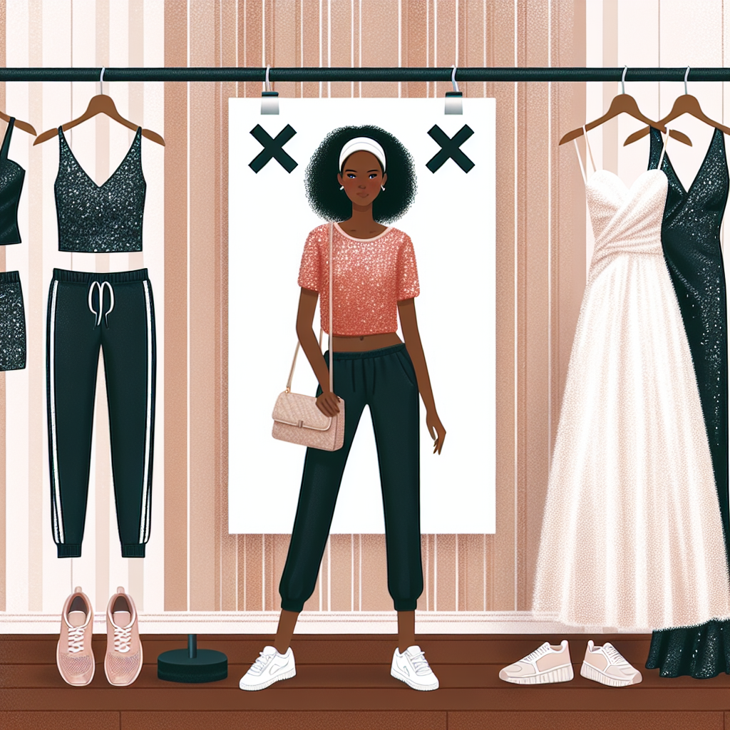 Avoid Fashion Faux Pas: What Not to Wear to a Bridal Shower Create a compelling image that showcases a variety of casual and comfortable yet elegant clothing options inappropriate for a bridal shower. Showcase a woman of Black descent wearing trousers and a bright sequined top, standing in contrast to the more muted tones of a classic dress on a hanger, representing an ideal choice for the event. Behind them should be clear, visual 'X' signs on highly formal gowns with long trains and sportswear like sweatpants or running shoes hung on racks, suggesting that these choices are not suitable for a bridal shower.