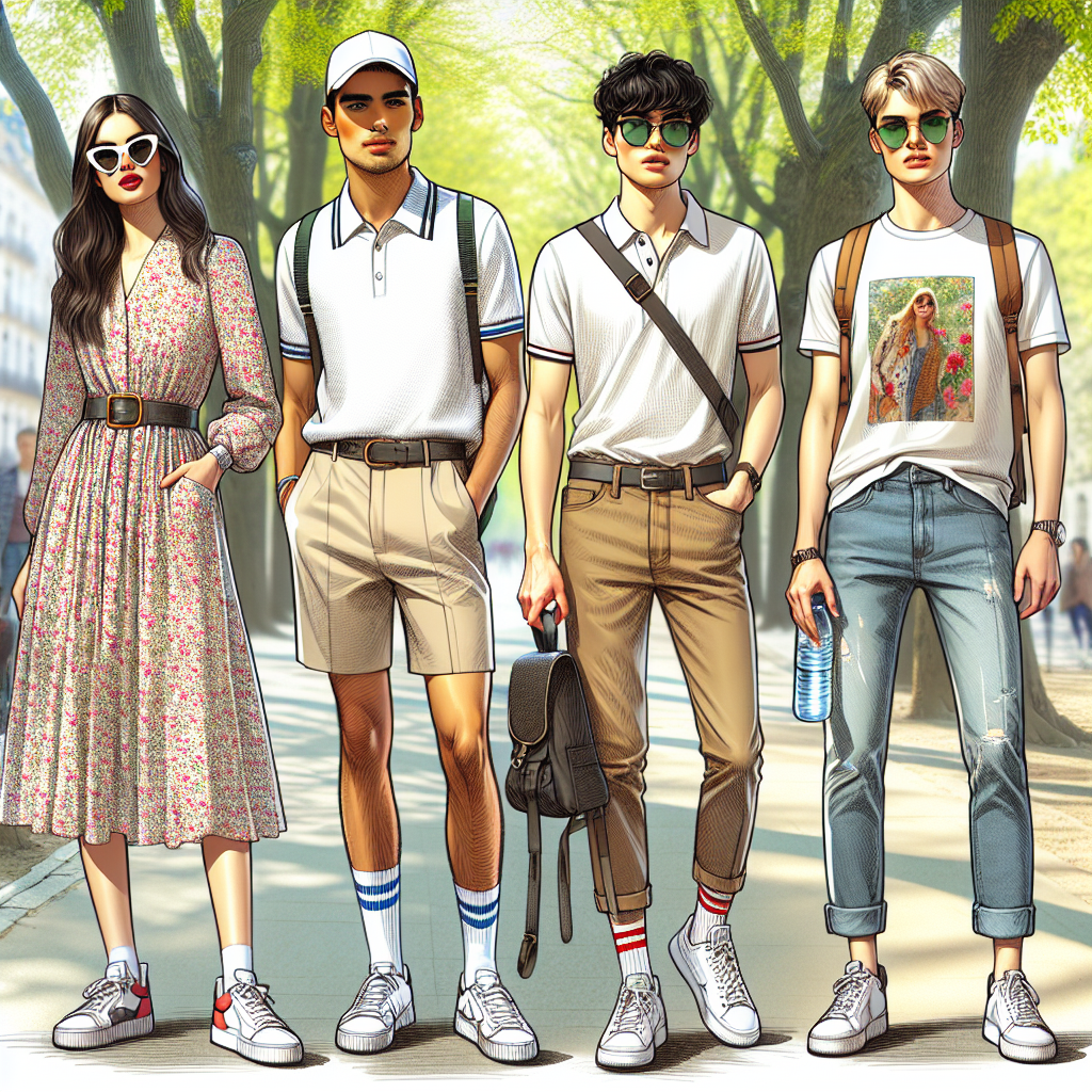 Picture this: a tree-lined city sidewalk on a bright, spring afternoon. In the centre, we see individuals of varied descents and genders. First, a Middle-Eastern woman, effortlessly styled in a floral midi dress paired with white sneakers. Next to her, an Asian man in a well-fitted polo shirt and khaki shorts, a baseball cap shading his eyes. Finally, a Caucasian man in comfortable jeans and a fashionable graphic t-shirt. Accessories include sunglasses, trendy backpacks, and water bottles in hand. Each of them exuding casual chic, ready for a walk.