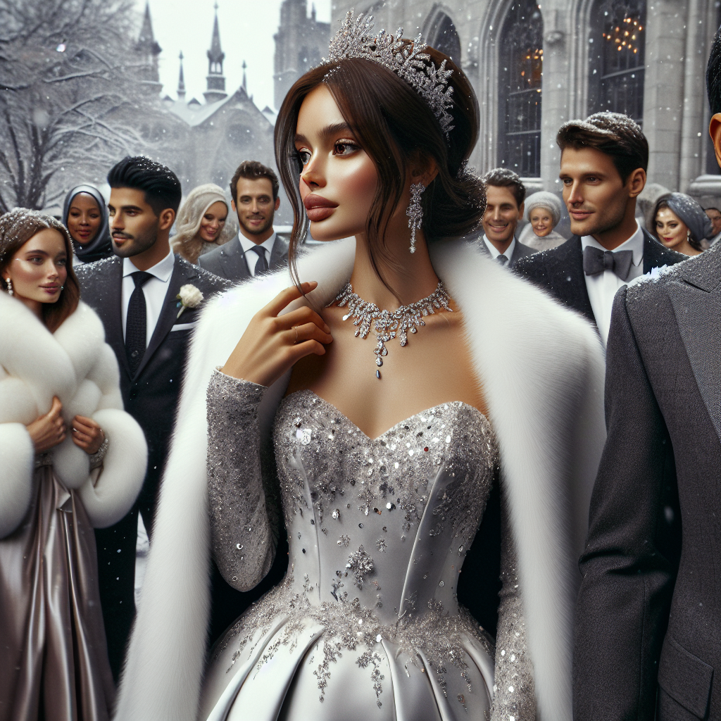 Stunning December Wedding Outfits: Effortlessly Chic Visualize a breathtaking winter wedding setting: A radiant bride dressed in a classy, white satin gown detailed with sequins which mirror falling snowflakes, adorning a crystal-dazzling tiara. Her groom complements her charm, looking immaculate in a crisp, charcoal-gray suit, coupled with a silver satin tie. People from diverse descents - Caucasian, Hispanic, Black, Middle-Eastern, and South Asian - are dressed in their best chosen outfits, reflecting their unique cultures. Some guests are warming themselves with elegant fur stoles, while others sport stylish wool overcoats. The grandeur of the wedding is evident in the background, with a whisper of December chill in the air.
