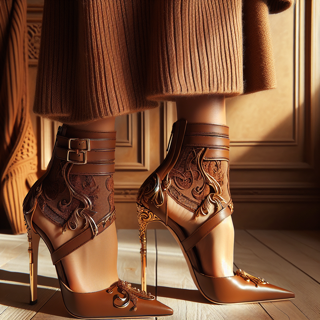 Stunning Heels for Brown Dresses: Effortless Winter Style Visualize an elegant pair of high-quality, stunning heels, possibly adorned with intricate designs, carefully paired with a stylish brown dress evoking an effortless winter style. The dress is long and made of a fine warm fabric, hitting just around the knee, creating a sleek silhouette. It's of a flattering fit and is accessorized with gold jewelry for a chic feel. The picture is taken during the day in an ambient room, with soft, warm lighting highlighting the items' intricate details and rich colors.