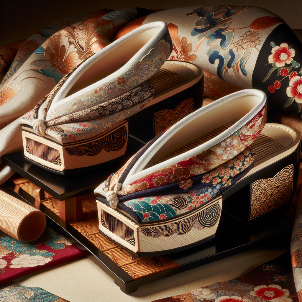 An intricate pair of traditional Japanese kimono shoes, often known as geta or zori. They sit against a background that emphasises their beauty and elegance, invoking an effortless sense of style. The shoes are characterised by their platform soles and fabric thongs, with exquisite, hand-painted patterns gracing the wooden base, exhibiting the distinct craftsmanship of Japanese artisans. To complete the picture, a folded, decorative kimono trails artistically in the background, rich in vivid colours and patterns, reflecting the traditional Japanese aesthetic.