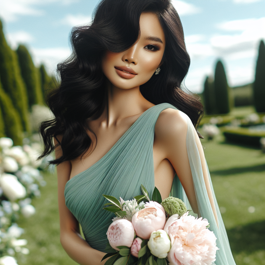 Imagine a scene that captures effortless elegance. A bridesmaid in a gracefully flowing sea-green, one-shoulder dress. She's Asian with long black hair styled in loose curls gently touching her shoulders. Her makeup is simple yet highlighting her radiant skin and natural beauty. She's holding a tastefully arranged bouquet of soft pink peonies and white roses. The setting is an open garden with lush greenery in the background and a clear blue sky above. This visually stunning image evokes the feelings of joy, love, and celebration. The bridesmaid embodies the epitome of effortless elegance.