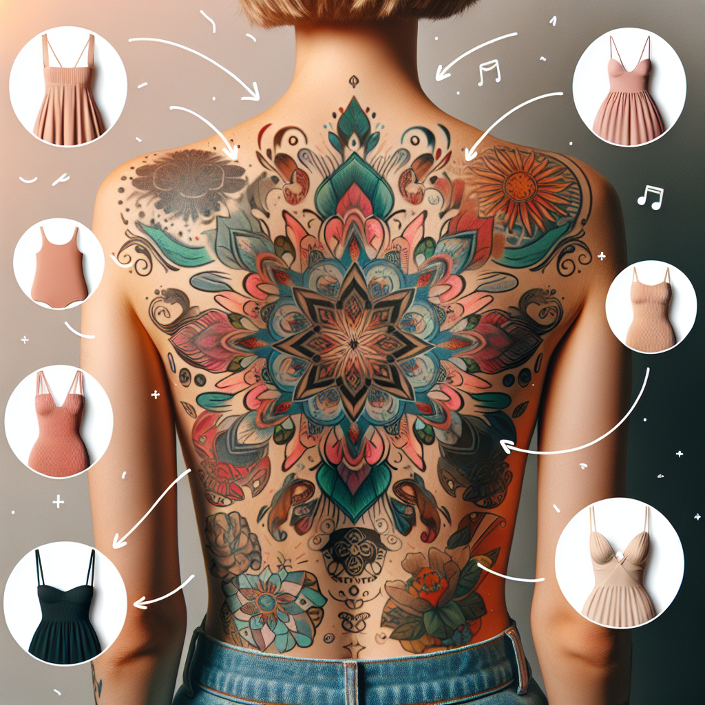 A close-up view of a person's back, showcasing a colorful and intricate tattoo covering a large area. They are wearing a strapless top, exposing the whole tattoo. Around them, small icons representing various clothing items are floating: open-back dresses, tank tops, strapless tops, low-back swimsuits. All outfits are in soft neutral tones so as to not distract from the tattoo. The person appears to be of Caucasian descent and has a short blond hair. A banner in the corner reads, 'What to Wear for a Back Tattoo: Stunning Tips'.
