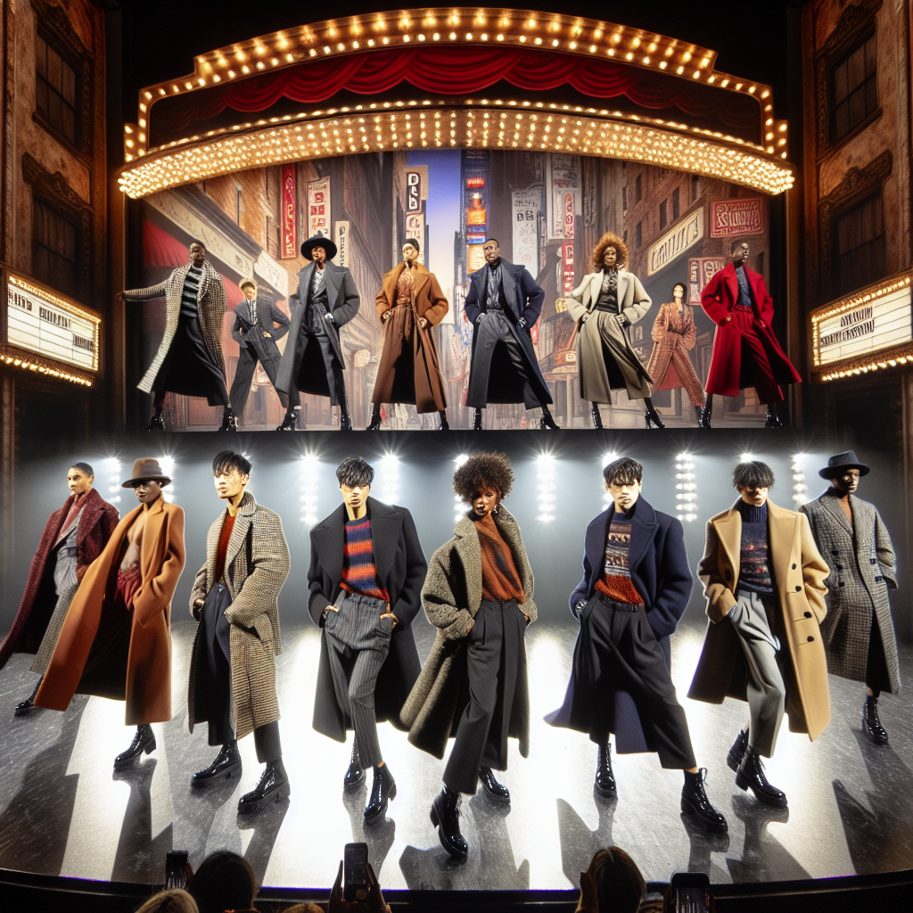 Stunning NYC Broadway Show Outfits for Peacoat Lovers Imagine a theatrical spectacle set in New York's Broadway with the spotlight on dazzling outfit collections dedicated to peacoat lovers. Picture several performers on stage, each of different descents: an Asian performer, a Black performer, a Hispanic performer, a Middle-Eastern performer, a Caucasian performer, and a South Asian performer. They strike dynamic poses showcasing their stylish peacoats of varying designs and colors. The backdrop features iconic Broadway elements like marquee lights, red velvet curtains, and classic theatre seats. The vibe is electric, capturing the essence of a grand Broadway fashion show.