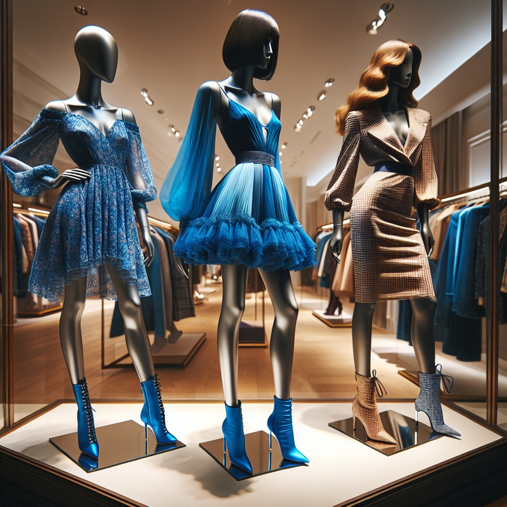 Showcase a variety of astonishing outfit suggestions focusing on matching shoes with a vibrant blue dress. Depict the scene with three distinct female mannequins of different descents: one Caucasian, one Black, and one Hispanic, each modelling a unique pair of shoes. The first mannequin is pairing the dress with high-heeled sandals, the second with classic pumps, and the third with trendy boots. The scene is to be set in an upscale boutique's display window, with tasteful lighting accentuating the outfits.
