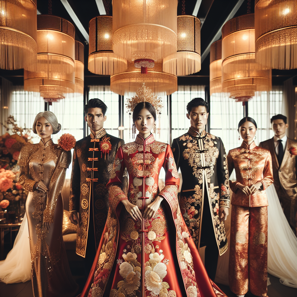 Visualize a lavish scene from a Chinese wedding. Showcase a variety of stunning traditional outfits typically worn by the bride and groom, couple's family, and guests. The bride is elegantly dressed in a red qi pao, adorned with intricate gold embroidery, representing prosperity and good luck. The groom is wearing a Tang suit in black, with gold Chinese characters signifying happiness embroidered onto it. The mother of the bride, a Hispanic woman, is donned in a beautiful silk Hanfu, while the father, a Middle-Eastern man, is in a Mandarin suit. Capture the array of stunning outfits that celebrate the couple's union.