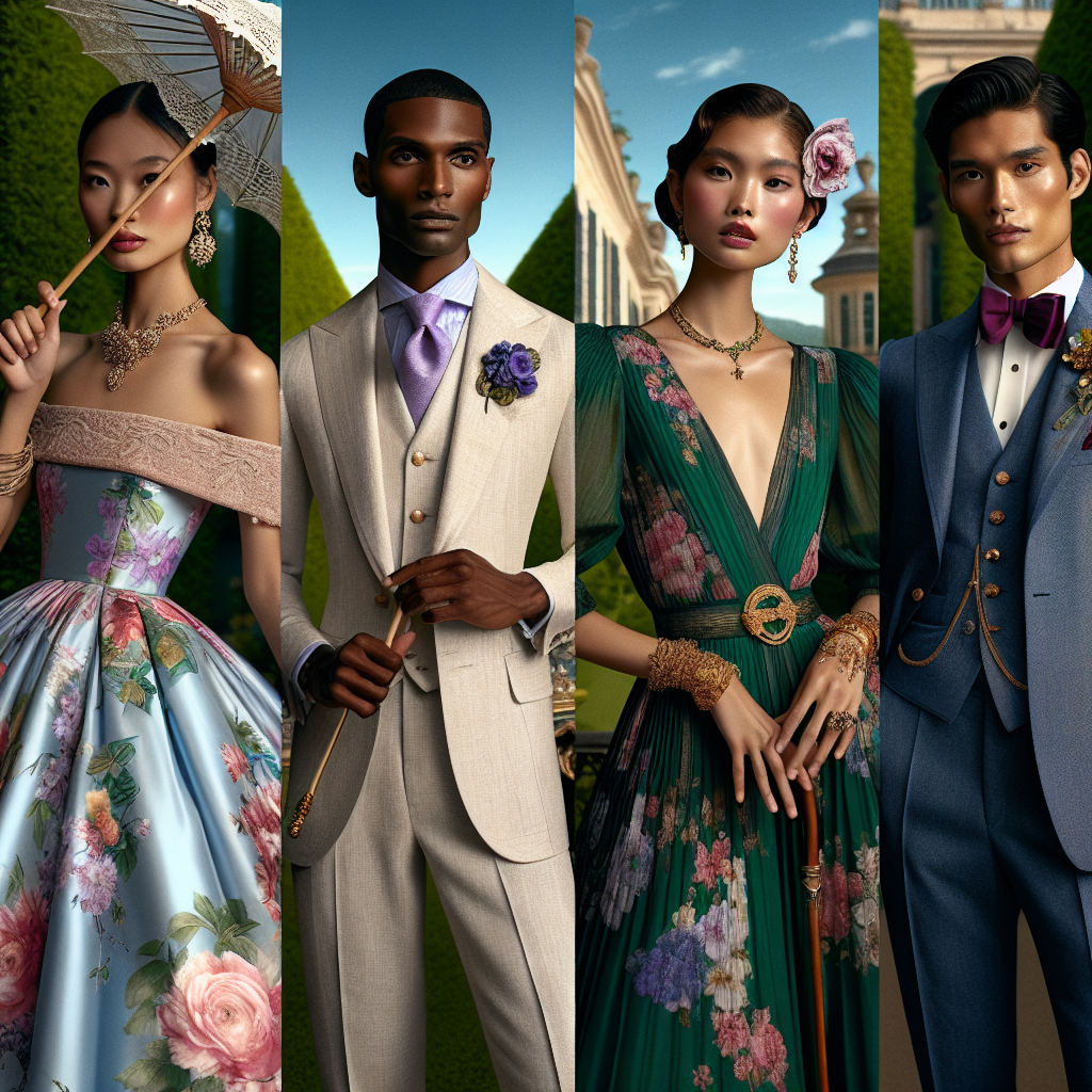 Stunning Outfits for Formal Garden Parties: Must-Have Looks Create a harmonious composition of four models, each one showcasing a grand outfit for formal garden parties. First model is an Asian woman with a luxurious floral gown in pastel colors, holding a delicate parasol. Second model is a Black man donned in an elegant light-colored linen suit with a lavender boutonniere. Third is a Middle-Eastern woman donning a chic, emerald-green jumpsuit paired with golden accessories. Lastly, a Hispanic man sports a dapper navy-blue Tuxedo with a burgundy bowtie. The scene is set amidst a luxurious garden under a cerulean sky.