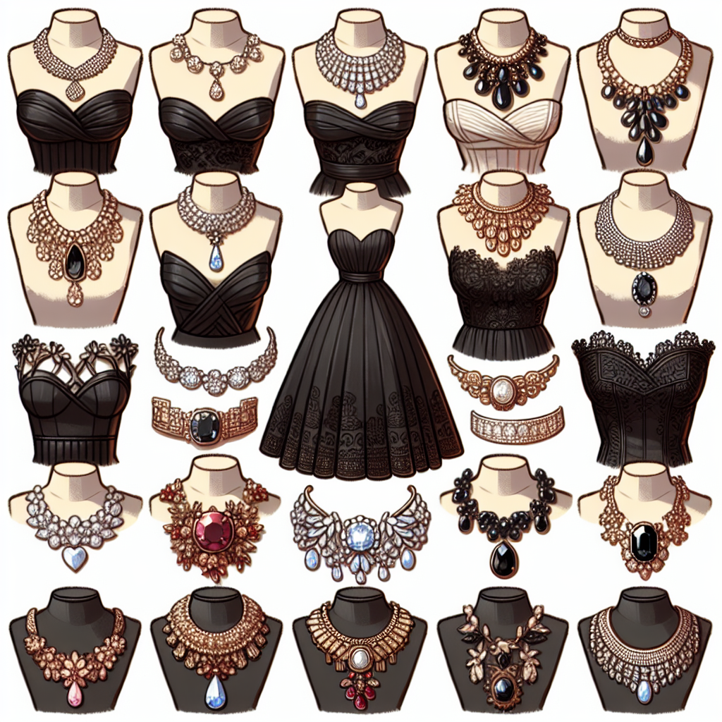Generate an image showcasing a variety of beautiful and elegant necklaces laid out, each one designed to complement a strapless dress. The necklaces should range from classic diamond chokers to ornate vintage pieces with rich gemstone embellishments. There should be a black strapless dress in the background to signify what these necklaces are perfect for. Please ensure to depict enough contrast for each necklace to stand out against the dress. It should give the impression of a must-have guide for accessorizing strapless dresses.
