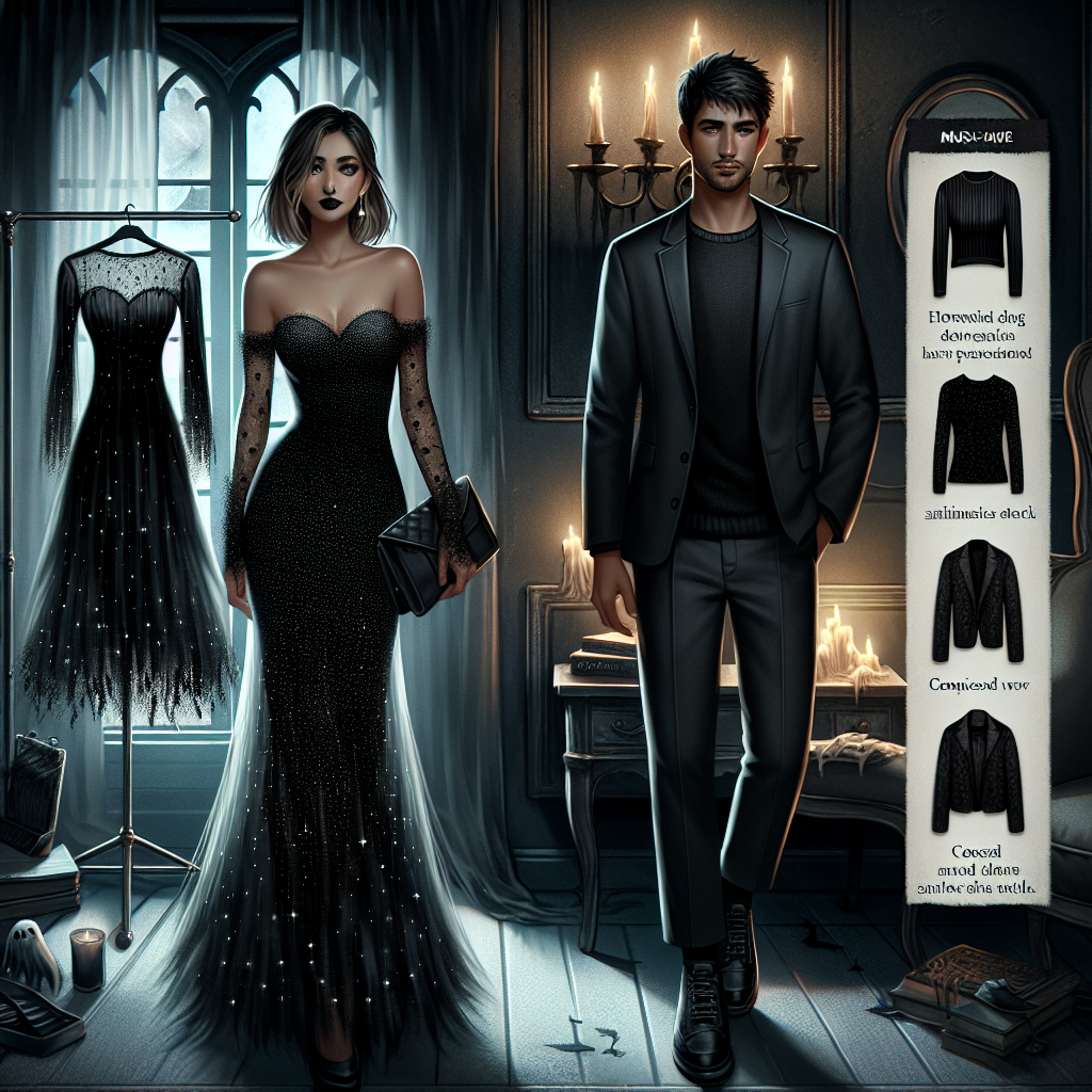 Imagine an eerie yet exciting scene wherein a couple is preparing for an adventurous date at a haunted house. The woman, of South Asian descent, is wearing an uber-chic black dress adorned with small shimmering stars that reflect the little light available in the room. In contrast, the man, a Caucasian, is wearing a charcoal gray suit which matches the tone of the eerie surroundings. On the side, let's have a few 'must-have' outfits displayed on hangars - ranging from flamboyant gothic to composed and minimalistic. Include subtle details of ghostly images in the surrounding ambiance to amplify the haunted vibe.