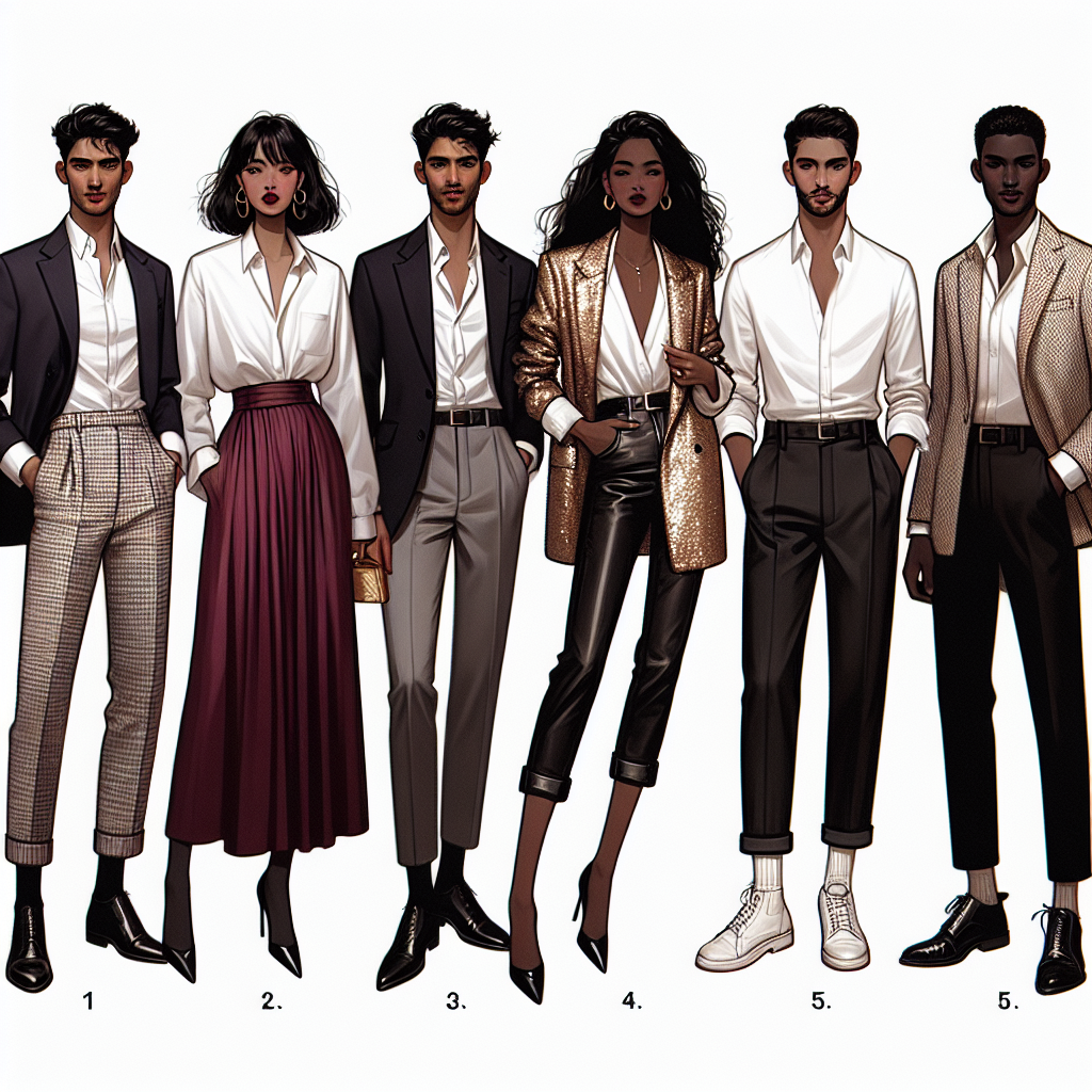 Stunning Styles: Best Outfits with a White Shirt for Dinner Parties Generate an image showcasing a series of unique styles ideal for dinner parties, featuring a classic white shirt as the central piece. The array should include five different outfits worn by a range of people of different genders and descents. Outfit one, worn by a South Asian man, pairs a white shirt with a sleek navy suit. Outfit two, donned by a Hispanic woman, combines a white shirt with a high waist burgundy skirt. Outfit three showcases a Black woman elegantly pairing the white shirt with a gold sequin blazer and black leather pants. Outfit four features a White man in a white shirt with chinos and a tweed jacket. Outfit five presents a Middle-Eastern man sporting his white shirt with black jeans and a leather jacket. Please, lend these representations a touch of evening ambiance.
