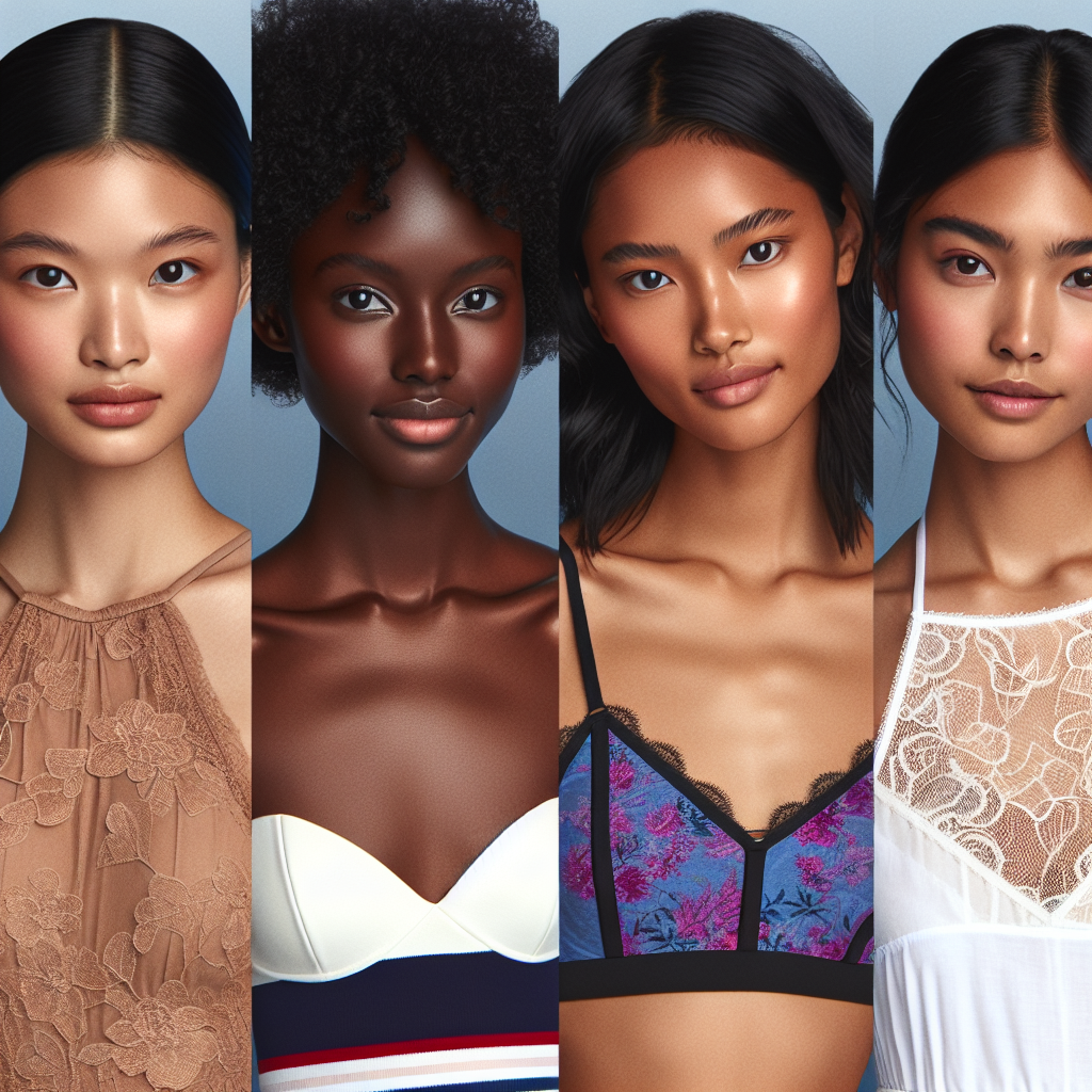 Halter Top Essentials: Discover the Best Bras for Your Style Create an image showing a beautiful fashion editorial featuring four different women modeling a variety of halter top outfits. Each woman is a different descent: Caucasian, Black, Hispanic, and South Asian. One woman is wearing a delicate lace bra under her halter top, another is sporting a vibrant, supportive sports bra, the next is slipping on an elegant strapless bra, and the last one is adorning a stylish bralette. They're all exuding confidence and style, showcasing the different variations of bras that pair excellently with halter tops.
