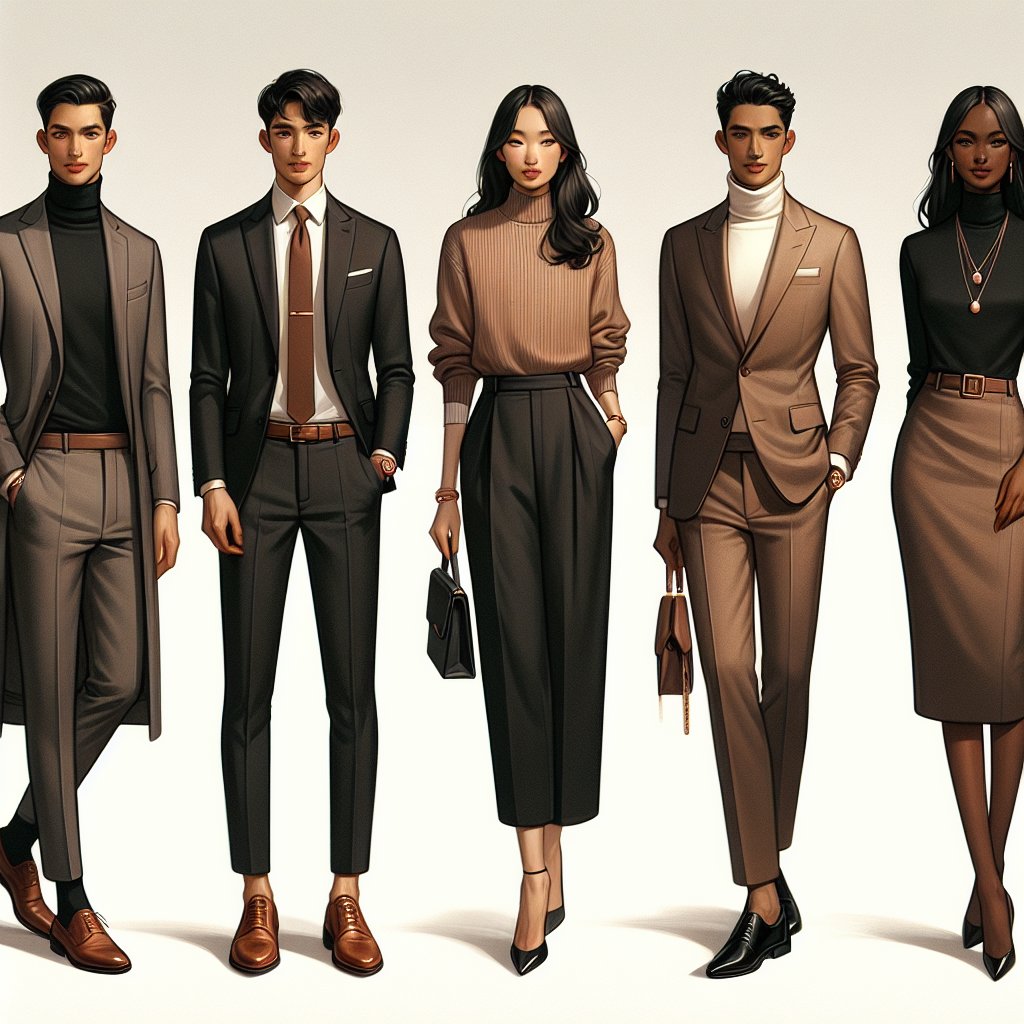 Showcase a compilation of five different professional outfit styles ideal for a conference scenario. The first outfit represents a Caucasian male dressed in a tailored suit with rose gold tie clip and brown leather shoes. The second outfit portrays a Hispanic female in a sleek pantsuit matched with black high-heels. The third ensemble should represent a Middle-Eastern male dressed in a stylish turtleneck sweater under a casual blazer, paired with matching trousers. The fourth depicts a South Asian female in a classic business dress along with coordinating jewelry and footwear. Lastly, display a Black female wearing a contemporary business-casual aesthetic with a structured blazer, blouse and fitted pants.