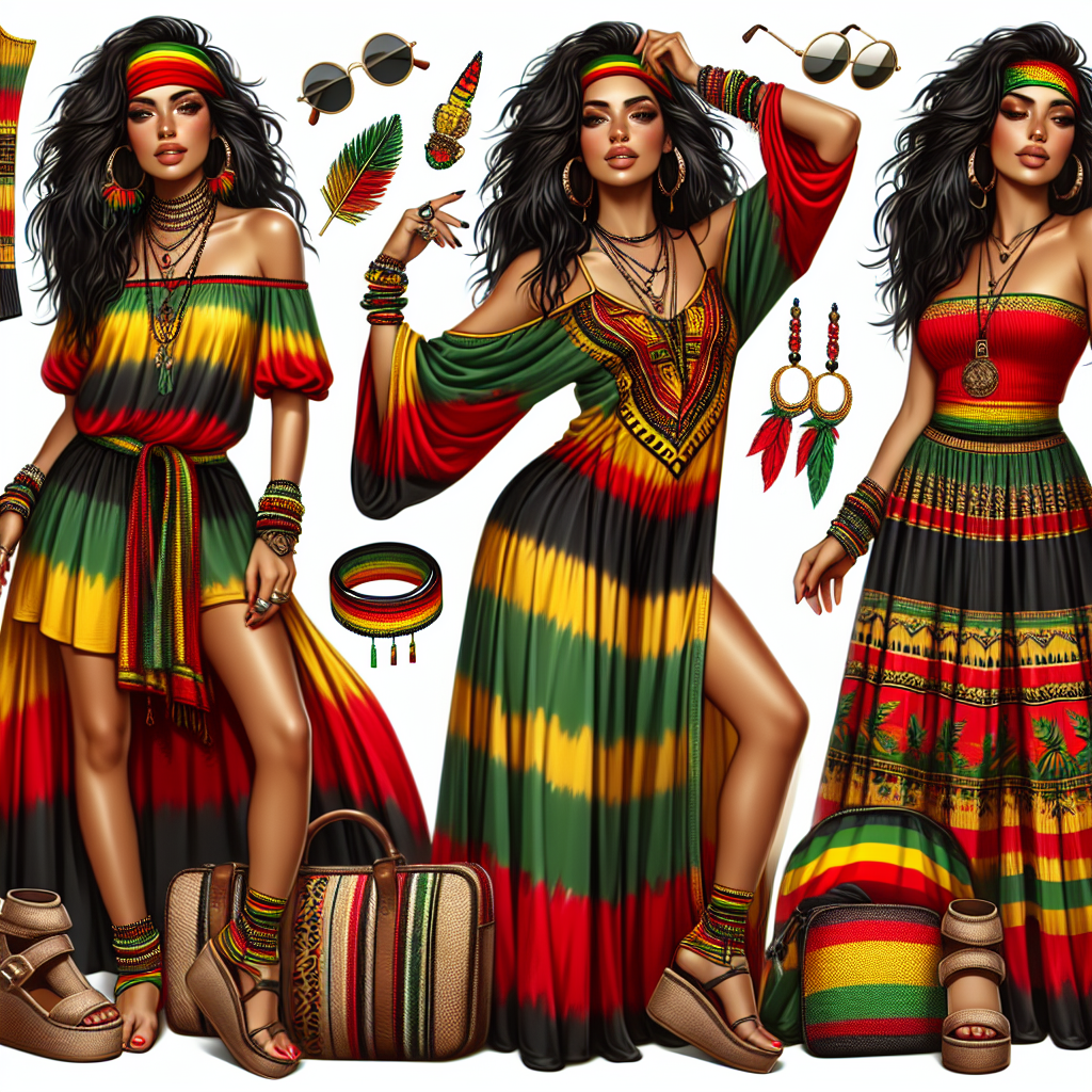 What to Wear to a Reggae Concert: Stunning Picks for Women A vision of stunning reggae concert attire for women. Imagine a vibrant ensemble echoing the spirit of reggae music, with emphasis on the Rastafarian color palette of red, yellow, and green. Include key items, such as a loose, off-shoulder tie-dye shirt in bold colors, a maxi skirt with tribal prints, statement jewelry, a bandana, and comfortable footwear, perhaps a pair of eco-friendly sandals. A woman of South Asian descent is modeling the outfit gracefully, her dark hair styled in beach waves, a radiant smile on her face, expressing anticipation for the concert.