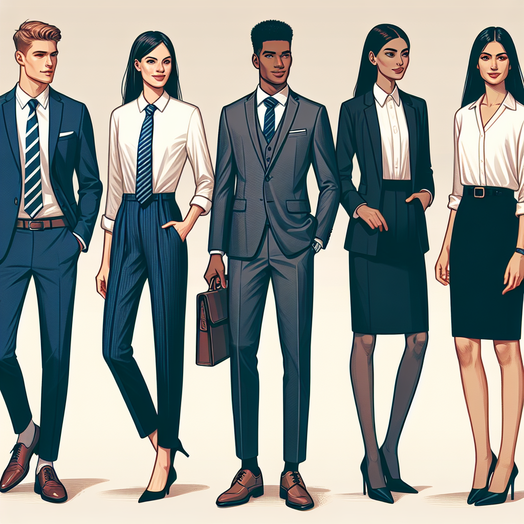 Dress to Impress: Exclusive Tips for Bank Interviews An image representing a professional dressing guide. It includes a diverse group of individuals all feeling confident and ready for their bank interviews. A Caucasian man wearing a well-fitted navy blue suit, white shirt, polished brown shoes, and a striped tie. A Black woman subtly showcasing her refined charm in a gray business suit, white blouse, and red heels. A South Asian man standing tall in his stylish dark charcoal suit, white dress shirt, black oxford shoes. A Middle Eastern woman gracefully carrying her black skirt suit, cream blouse, and black mid-heels.