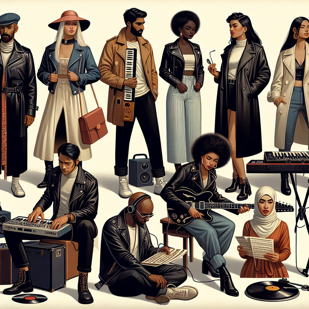Must-Have Styles for a Hans Zimmer Concert An evening setting highlighting a diverse group of individuals preparing for a music concert. People are seen dressed in various styles from casual wear to high end attire. Some people are donning leather jackets with matching boots whilst others are seen in trench coats and classy attire. There's a South-Asian man playing a synth and a Middle-Eastern woman adjusting her headphones, both represent the music enthusiasts. Additionally, there's a Black woman arranging vinyl records and a Caucasian man holding sheet music, revealing the diversity and inclusivity of the music world.
