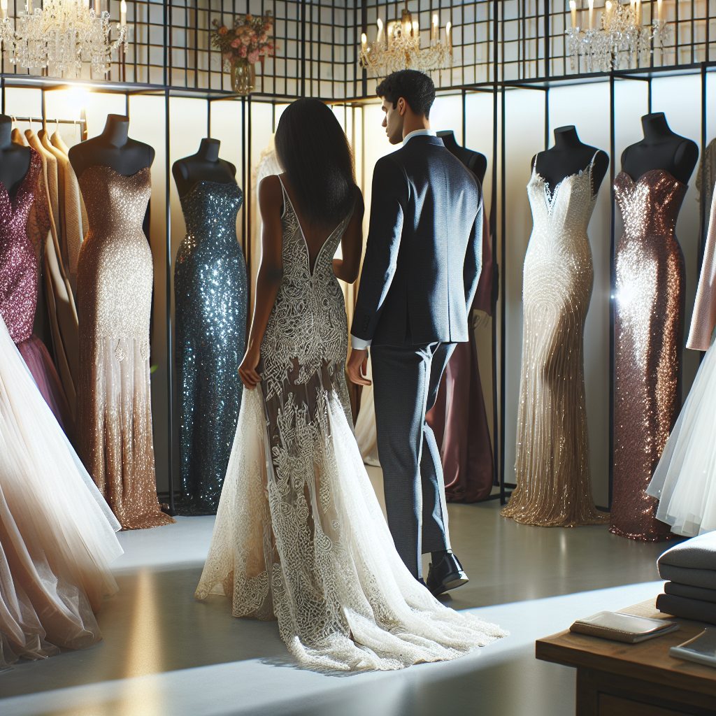 Stunning Wedding Reception Outfits: Find Your Perfect Match A mesmerizing variety of wedding reception outfits displayed in a well-lit boutique. There are dresses of various styles, silhouettes, and colors to match everyone's taste. Two elegant customers are browsing the collection; one is a Black woman in her late 20s and the other is a Middle-Eastern man in his early 30s, both searching for the perfect match. There is an intricate lace gown, a sleek tuxedo, a glamorous sequin dress, and a classic three-piece suit. The setting exudes an aura of sophistication, elegance, and anticipation.