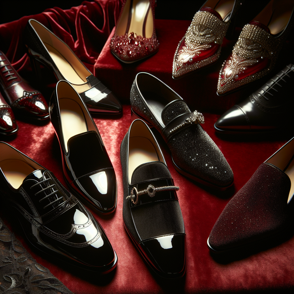An elegant showcase of luxurious shoes ideal for black tie events. The collection involves a variety of styles including classic patent leather oxfords, sleek velvet loafer adorned with an accessory, and pointed-toe high heels shimmering with crystals. The shoes are displayed on a plush red velvet backdrop, intensifying their sophistication. They emerge from the darkness, illuminated by a soft overhead spot light that brings to focus their high-quality materials and exquisite craftsmanship.