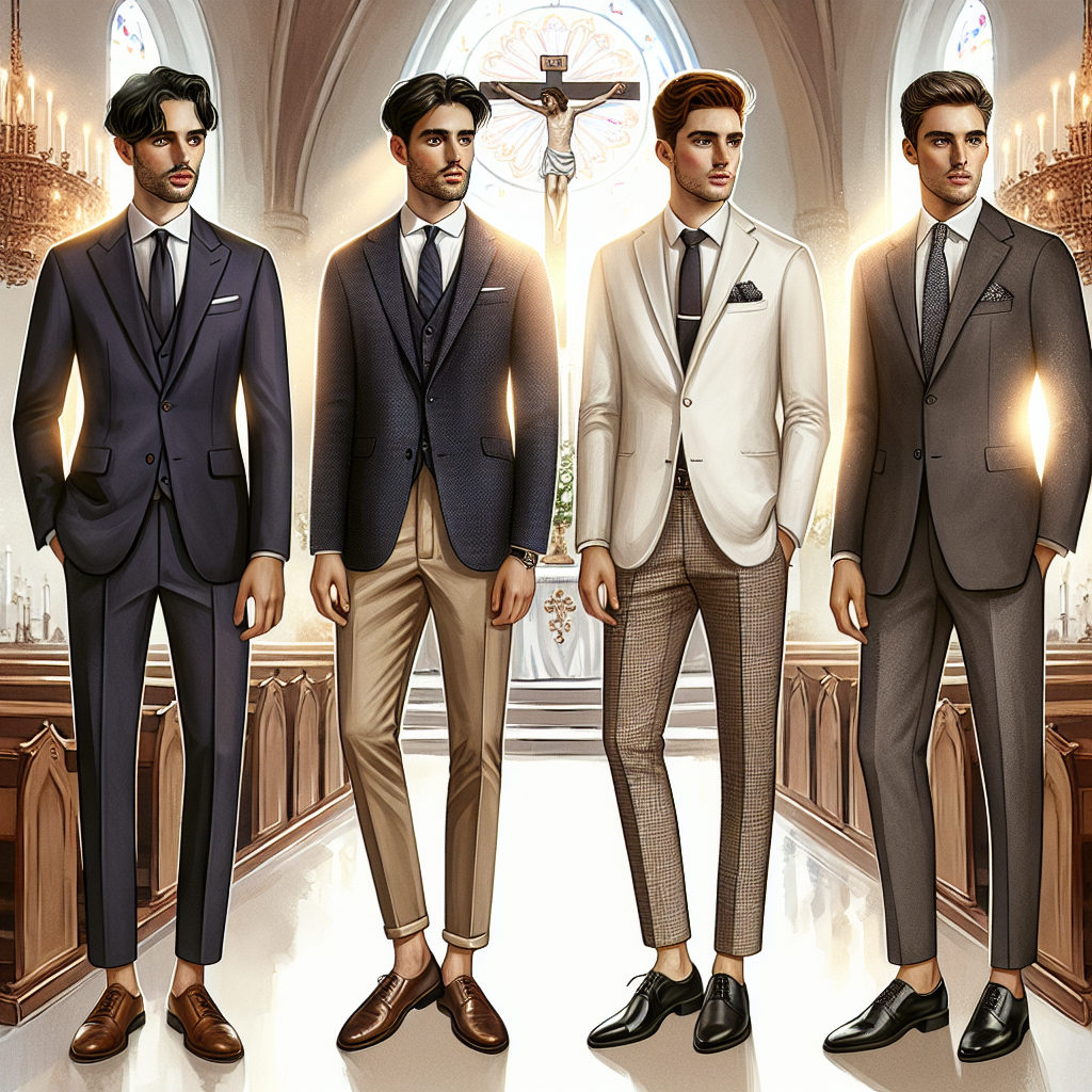 Communion Style Guide: Must-Have Looks for Men Create an elegant scene that captures a style guide for men attending a communion ceremony. Start with a chic, black-haired Caucasian man in a well-tailored navy suit, complete with a matching tie and polished shoes. To his right, a youthful auburn-haired Middle-Eastern man sporting a fashionable white blazer paired with khaki trousers. And finally, on the left, imagine a refined, silver-haired Hispanic man clad in a timeless charcoal grey suit, subtly patterned tie, and shiny black shoes. A background with diffused sunlight from a stained glass window adds a serene, spiritual touch to this sartorial setting.