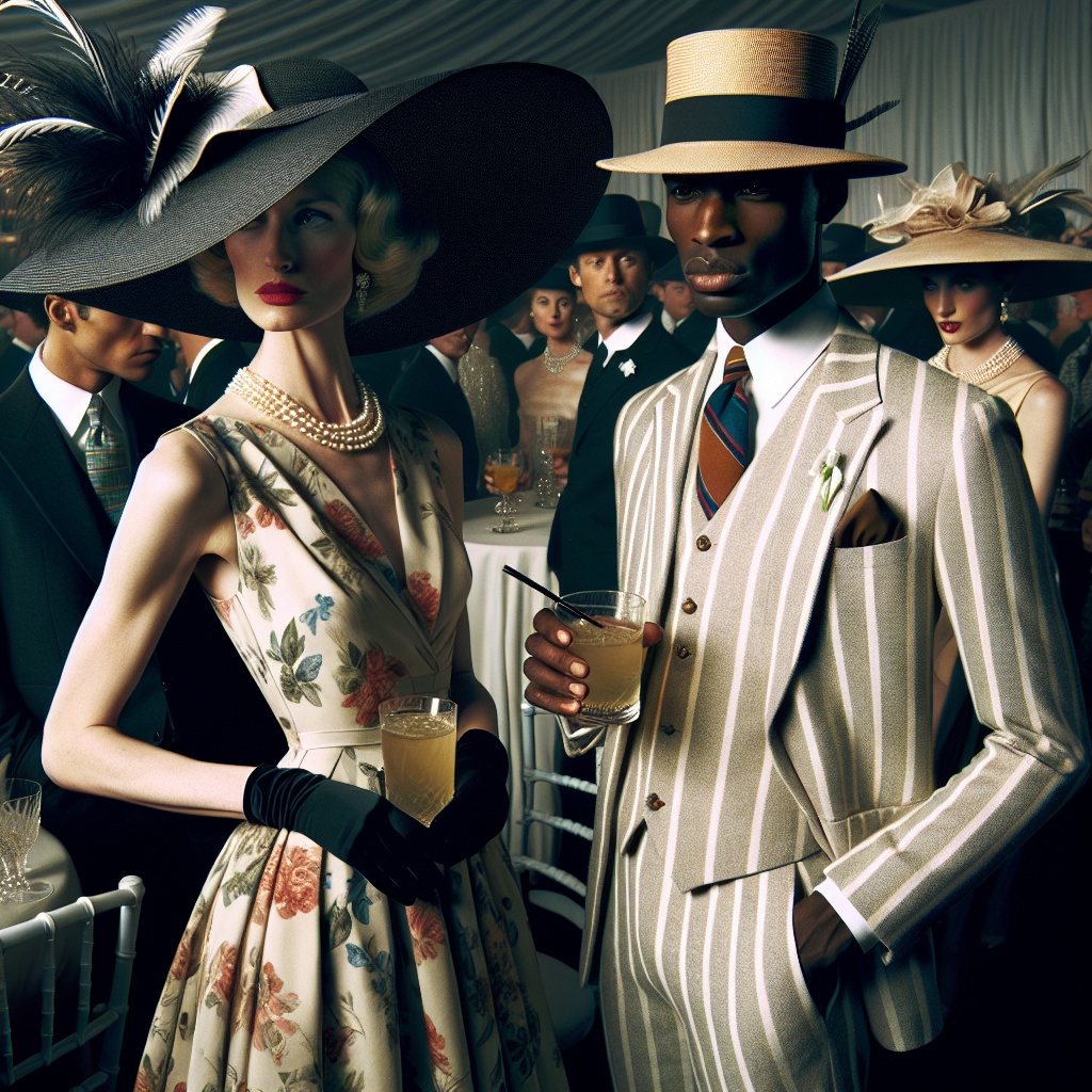 A visual scenario unfolds at a Derby-themed party. Two individuals stand out. The first is a Caucasian woman dressed elegantly in a large-brimmed hat decorated with feathers, a high-necked floral dress, and pearl necklace. Her poised posture showcases her confidence. The second is a Black man, glaringly timeless in a light pinstripe suit with a color-coordinated vest beneath. His outfit is completed with a signature Derby hat, a drink in his hand. A mingling crowd fills the background, embodying a blend of modern and vintage fashions, embodying the distinguished spirit of a Derby party.