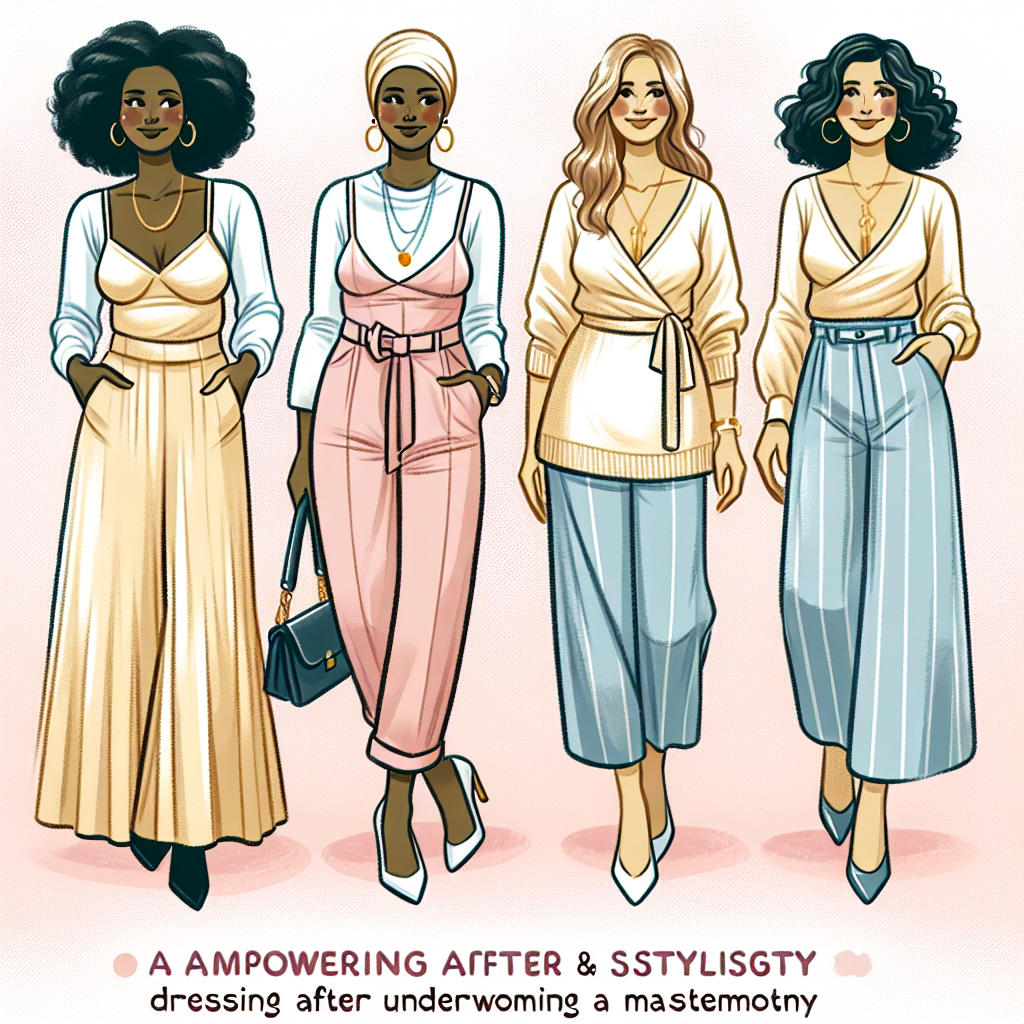 Mastectomy Style Guide: Effortless & Empowering Outfits Illustration of an empowering and stylish guide for dressing after undergoing a mastectomy. In the image, depict four women of varying heritage: a black woman, a Hispanic woman, a Caucasian woman and a South Asian woman - each modeling a different outfit suitable for their recovery period. Incorporate a balance of casual and formal wear, showcasing options for all occasions and ensuring each outfit looks comfortable yet elegant. Capture the diversity, strength and resilience of these women in their poise and smiles, symbolizing their journey towards healing and self-empowerfulness.