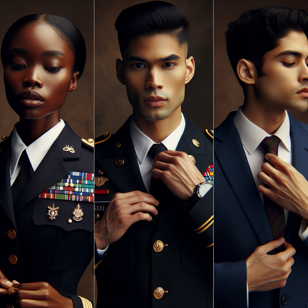 Dress to Impress: Stunning Outfits for Military Meetings Create a visually impressive image of three people preparing for a military meeting. The first person is a Black woman in a sharply tailored uniform festooned with medal ribbons. She's carefully adjusting the epaulettes on her shoulders. The second person is a South Asian man, also in a dress uniform, meticulously arranging his cufflinks. The third person is a Middle-Eastern non-binary individual, straightening their tie and checking their polished shoes. All three display a look of determination, portraying the importance of dressing to impress at military meetings.