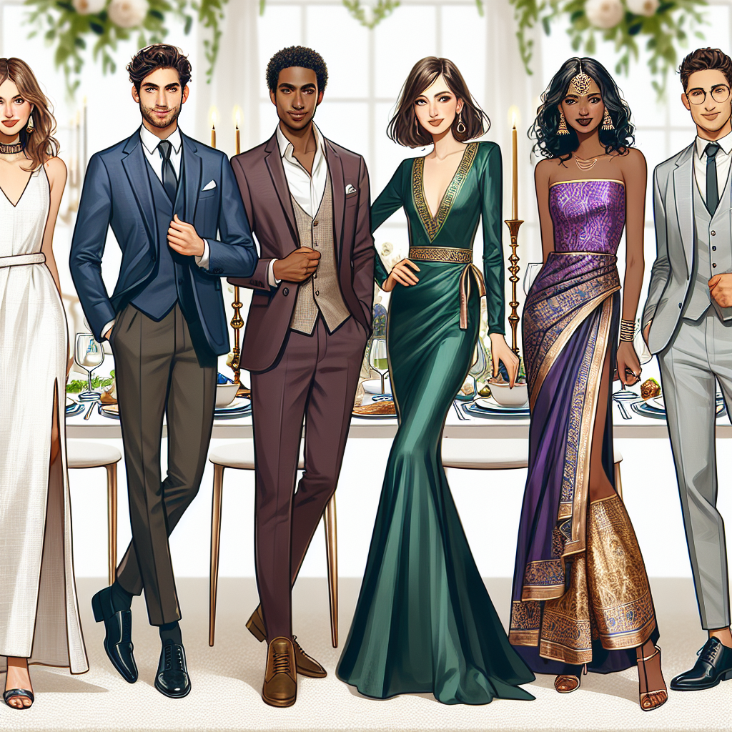 Stunning Outfits for Passover Dinner: Effortless Style Illustrate a variety of stunning and effortless outfit options ideal for a Passover dinner. Show a Caucasian woman in a classy white linen dress, a Hispanic man in a suave navy suit, a Black woman in an elegant emerald silk gown, a Middle-Eastern man in a maroon blazer and slacks, a South Asian woman in a stylish gold and purple Anarkali dress, and a White man in a trendy light grey suit. Each individual appears joyful and comfortable, reflecting their unique style, standing in front of a decorated table ready for Passover dinner.
