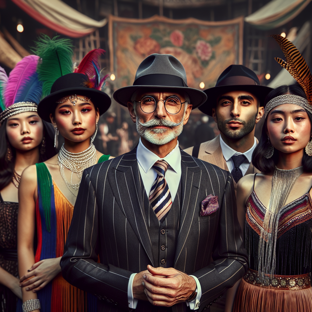 Envision a lively scene at a jazz festival. The main focus should be a group of enthusiastic fans showcasing their stunning outfits that reflect the essence of jazz culture. Firstly, a middle-aged Middle-Eastern man stylishly dressed in a classic, three-piece suit, tie, and fedora. Beside him, a young Hispanic woman is wearing a flapper dress of the 1920s Jazz Age, with vibrant colored feather accessories. Next to her, a South Asian female is donning a bohemian style outfit, emphasizing her personal interpretation of jazz music. Pay attention to the colors, textures, and patterns that enhance their individual styles and the festival atmosphere overall.