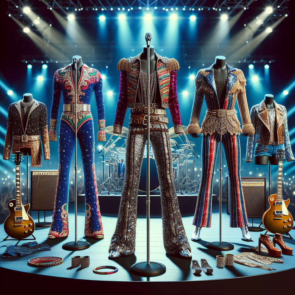 A visual exploration of captivating concert fashion featuring multiple iconic outfit designs. These concert outfits, inspired by top musical performers, should include a number of dazzling elements from colorfully sequined jumpsuits to edgy leather jackets over sparkly t-shirts. Each outfit should be complemented with accessories, like statement earrings, chunky bangle bracelets, and attention-grabbing belts. The scene should be set on a vibrant music concert stage, with spotlights illuminating every detail of these stunning, must-have concert looks. To add context, the stage should be adorned with musical instruments commonly seen during concerts such as guitars and drum sets.