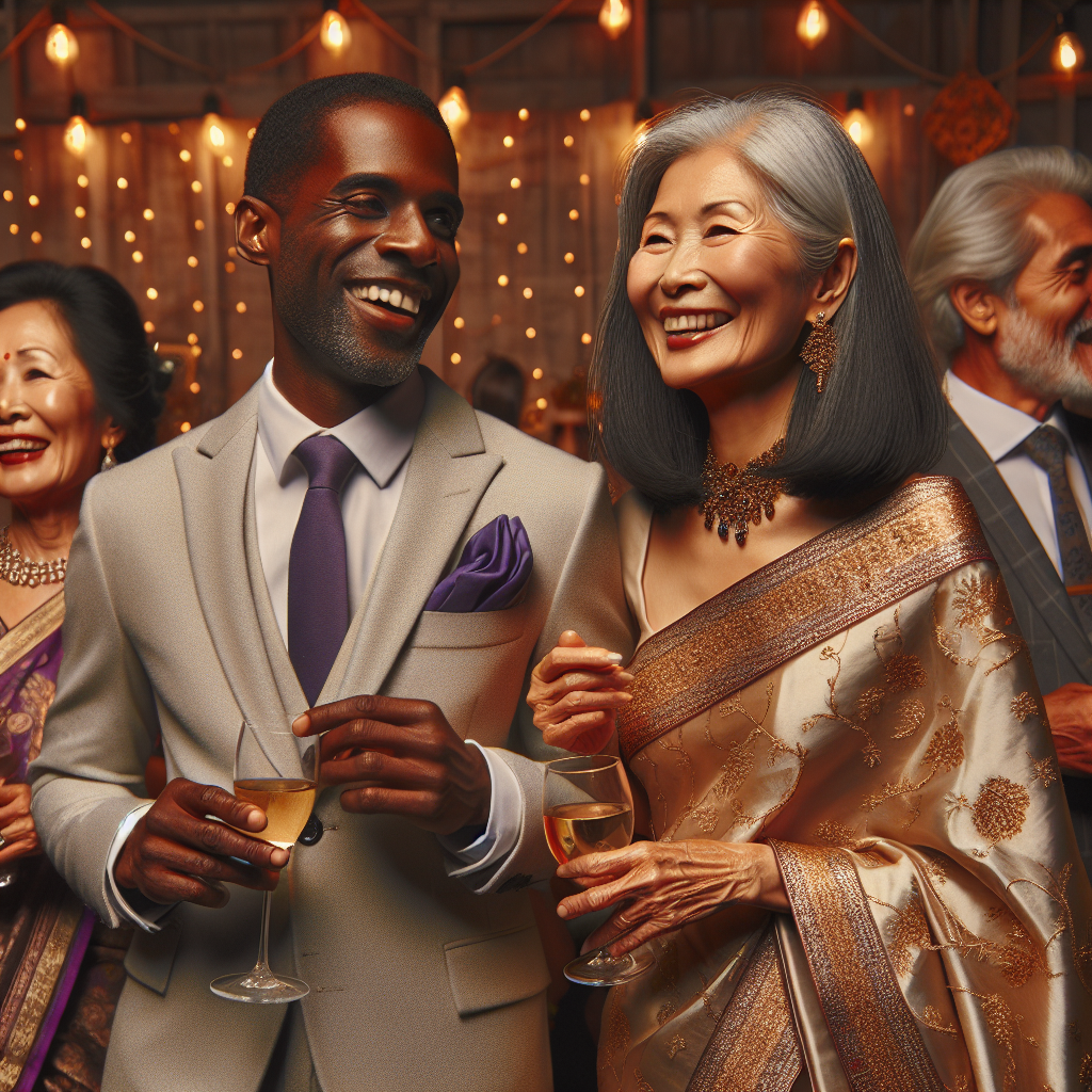 Depict an extravagant retirement party scene where guests are dressed in stunning and effortlessly elegant outfits. There is a balance of classic and modern clothing. On one side, a mature East Asian woman in a beautiful silk kimono is smiling and drinking tea, representing traditional elegance. On the other side, a charming Black man in a sleek grey suit with a purple pocket square is laughing and holding a wine glass. A South Asian woman in the background wears a mesmerising saree embellished with gold threads, captivating attention. The ambiance radiates joy, elegance and mutual respect.