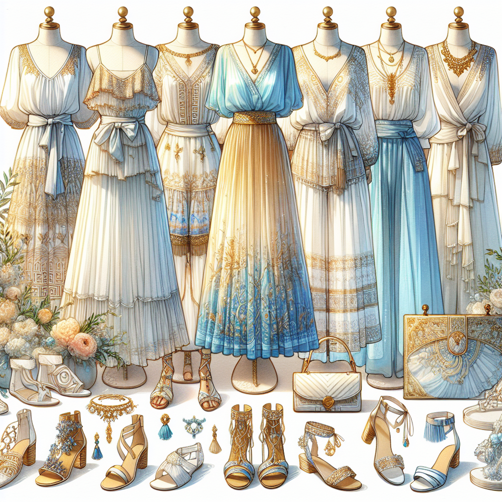 Must-Have Outfits for a Summer Wedding in Greece Imagine a collection of must-have outfits designed for a summer wedding in Greece. Picture a striking yet elegant set of different looks that merge traditional Greek style with chic modern fashion. See a display with a selection of gorgeous dresses with flowing hemlines in vibrant hues of azure, sun-bleached white, and glistening gold, evoking the Mediterranean atmosphere. Also visualize matching accessories like ornate sandals and vintage-inspired clutch bags. Finally, envision a male outfit too, complete with a lightweight white linen suit, a pastel blue shirt, and some tastefully chosen accessorizing details.