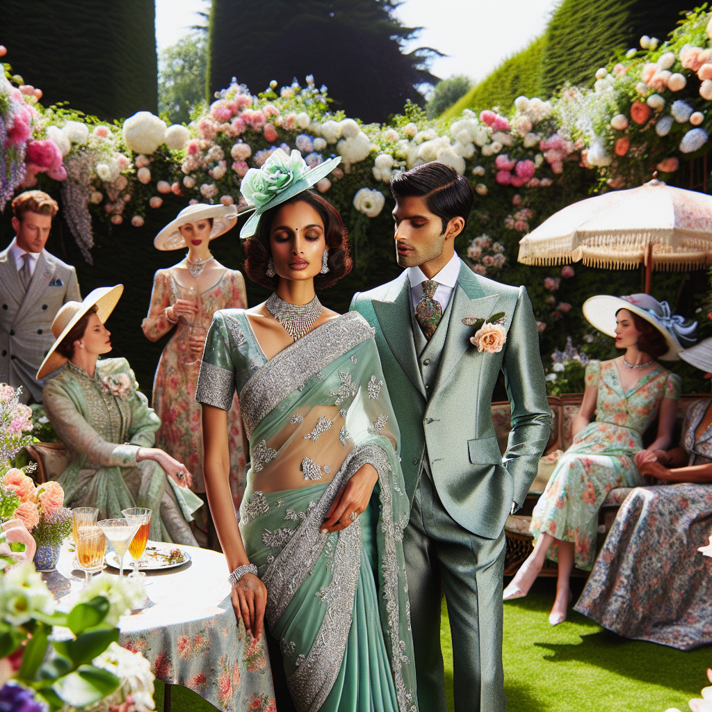 Picture a lavish garden, awash with blooming flowers and lush greenery, serving as the backdrop to an elegant party. There is plenty of exquisite fashion on display: A South Asian woman is wearing a designer mint green saree with intricate silver embroidery, paired with a diamond necklace; a Caucasian man, in a tailored summer suit in elegant pastel shades, his crevat matching the woman's saree; and a Black woman dressed in a floral summer dress, her hat adorned with matching silk flowers. Everyone is basking in the sunlit ambiance, embodying the quintessence of garden party elegance.